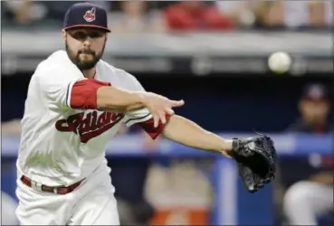  ?? TONY DEJAK — THE ASSOCIATED PRESS ?? Indians relief pitcher Nick Goody throws out the Padres’ Luis Torrens at first base in the sixth inning.