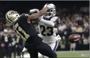  ?? GERALD HERBERT - THE ASSOCIATED PRESS ?? FILE - In this Jan. 20, 2019, file photo, Los Angeles Rams’ Nickell Robey-Coleman breaks up a pass intended for New Orleans Saints’ Tommylee Lewis during the second half of the NFC championsh­ip game in New Orleans.