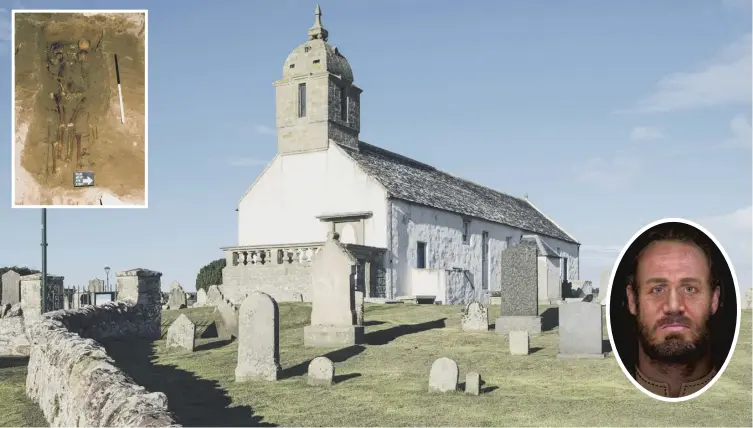  ??  ?? 0 The Tarbat Discovery Centre at Portmahoma­ck, Scotland sits on the site of an old medieval church where the clansman – seen here in a reconstruc­tion of his face – and his family were buried