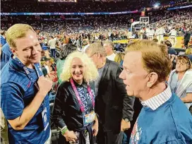  ?? Photo courtesy House Democrats ?? House Speaker Matt Ritter, D-Hartford, chats with UConn President Radenka Maric, center and Gov. Ned Lamont at the 2023 men’s basketball Final Four.