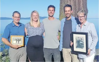  ??  ?? Members of the first family of Island speed skating. From left: Dave Shields, Jillian Shields, Andrew Freer, Steven Freer and Brenda Hennigar. Dave Shields is holding a photo of mom Colleen Shields and Hennigar has a photo of dad Jim Shields.