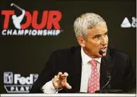  ?? Cliff Hawkins / Getty Images ?? PGA Tour Commission­er Jay Monahan speaks during a news conference before the Tour Championsh­ip on Wednesday at East Lake Golf Club in Atlanta.