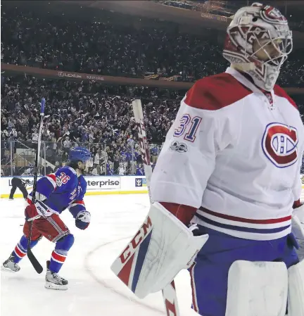  ?? BRUCE BENNETT/GETTY IMAGES ?? Mats Zuccarello of the New York Rangers celebrates after scoring a goal against the Canadiens in Game Six of the Eastern Conference First Round at Madison Square Garden on Saturday in New York City. The Rangers won 3-1 to take the series 4-2.