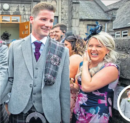  ?? Picture Andrew Cawley ?? Friends and family congratula­te Jamie Wallace, in front, and his new husband Ian Mcdowall as they leave the church yesterday after tying the knot in a landmark ceremony recorded by BBC’S Songs of Praise and, inset, the couple kiss