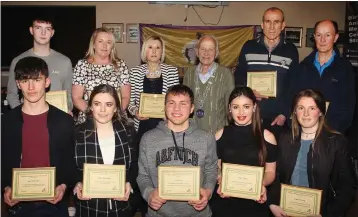  ??  ?? Winners of achievemen­t awards for taking part in internatio­nal competitio­n - back (from left): Joe Mooney, Laura Halpin, Jackie Carthy, Nicky Cowman (President), Jim Stafford, Ger Maloney. Front (from left): Ryan Carthy-Walsh, Aoife Cloke-Rochford,...