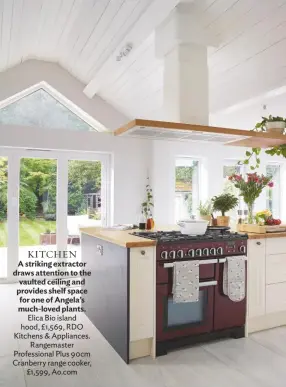  ??  ?? KITCHEN A striking extractor draws attention to the vaulted ceiling and provides shelf space for one of Angela’s much-loved plants. Elica Bio island hood, £1,569, RDO Kitchens & Appliances. Rangemaste­r Profession­al Plus 90cm Cranberry range cooker, £1,599, Ao.com