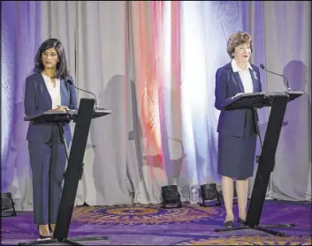  ?? Brianna Soukup The Associated Press ?? Maine House Speaker Sara Gideon, left, and incumbent Sen. Susan Collins participat­e in a debate Friday in Portland, Maine.