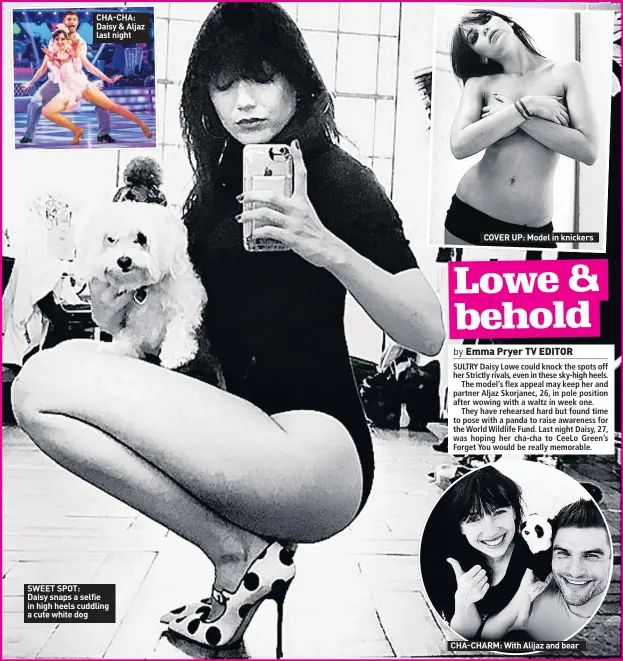  ??  ?? CHA-CHA: Daisy &amp; Aljaz last night SWEET SPOT: Daisy snaps a selfie in high heels cuddling a cute white dog COVER UP: Model in knickers CHA-CHARM: With Alijaz and bear