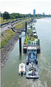  ??  ?? Noch bis Sonntag können Hund und Herrchen die schwimmend­e Hundewiese auf dem Rhein besuchen.