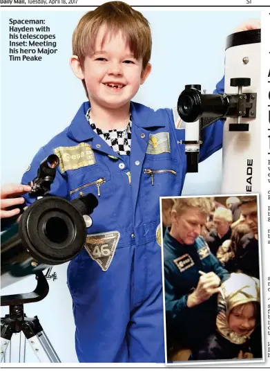  ??  ?? Spaceman: Hayden with his telescopes Inset: Meeting his hero Major Tim Peake