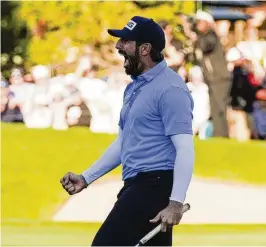  ?? GREGORY BULL / ASSOCIATED PRESS ?? Matthieu Pavon celebrates on the 18th green of the South Course at Torrey Pines after winning the Farmers Insurance Open golf tournament, Saturday in San Diego.