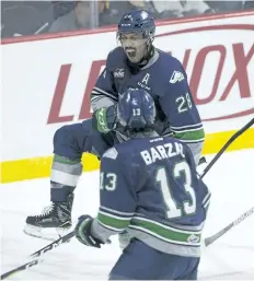  ?? ADRIAN WYLD/AP ?? Seattle right winger Keegan Kolesar celebrates his goal with centre Mathew Barzal during Memorial Cup action against the Windsor Spitfires on Sunday.