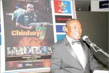  ??  ?? Producer Tawanda Sarireni speaks about the making of “Chinhoyi 7” at the launch (Pictures by John Manzongo)