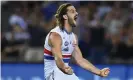  ?? Photograph: Quinn Rooney/Getty Images ?? Josh Bruce celebrates his 10th goal for the Western Bulldogs against North Melbourne on Friday.