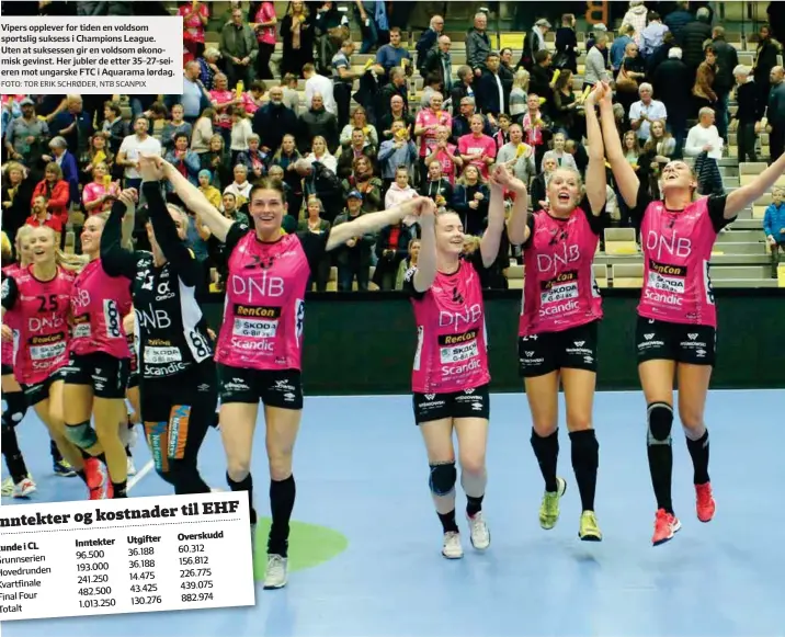  ?? FOTO: TOR ERIK SCHRØDER, NTB SCANPIX ?? Vipers opplever for tiden en voldsom sportslig suksess i Champions League. Uten at suksessen gir en voldsom økonomisk gevinst. Her jubler de etter 35–27-seieren mot ungarske FTC i Aquarama lørdag.