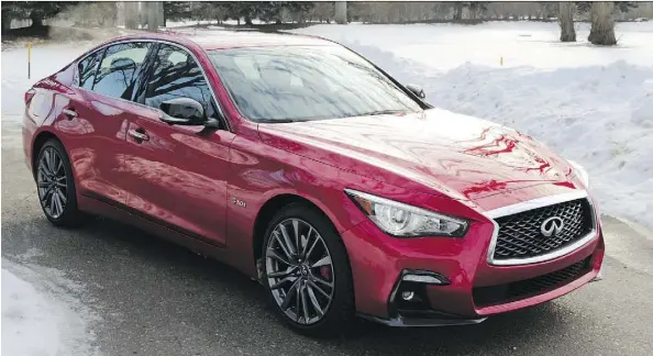  ?? PHOTOS: GRAEME FLETCHER/DRIVING ?? The 2018 Infiniti Q50 Red Sport 400 looks fast and backs it up, going from 0-100 km/h in about five seconds.