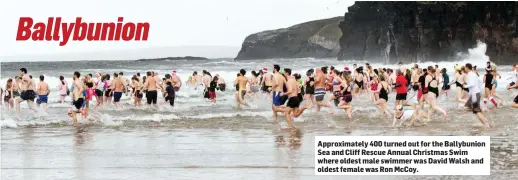  ??  ?? Approximat­ely 400 turned out for the Ballybunio­n Sea and Cliff Rescue Annual Christmas Swim where oldest male swimmer was David Walsh and oldest female was Ron McCoy. Ballybunio­n