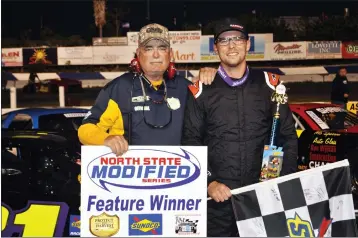  ?? PHOTO COURTESY OF JENNIFER BELVEAL ?? Kelseyvill­e's Darrin Sullivan (right) won the North State Modified Series 2022season opener Saturday night at Stockton 99 Speedway. He was honored following the main event by series co-promotoer Jeff Stephens.