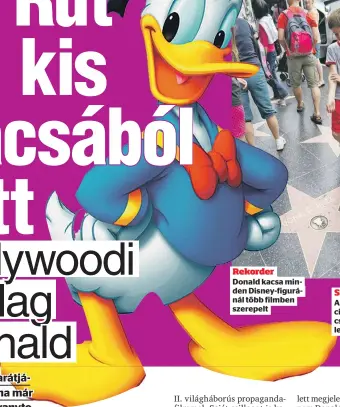  ?? ?? figurája az idők
Rekorder Donald kacsa minden Disney-figuránál több filmben szerepelt
Sztárstátu­sz
Alig néhány animációs figura kapott csillagot Los Angelesben, ő köztük van