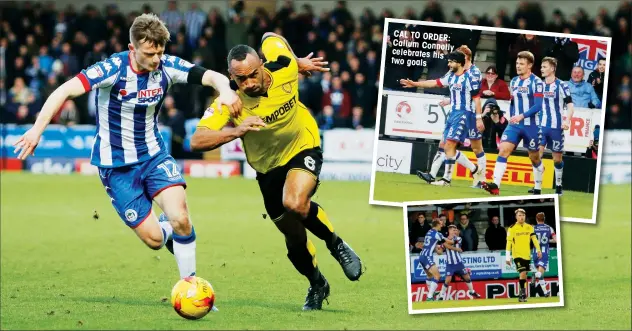  ?? PICTURES: ProSports/Richard Holmes ?? CAL TO ORDER: Callum Connolly celebrates his two goals ROAD TO NOWHERE: Wigan Athletic defender Callum Connolly stops Burton striker Chris O’Grady in his tracks