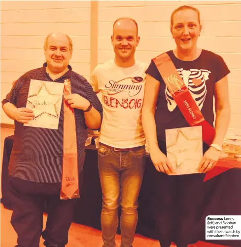  ??  ?? Success James (left) and Siobhan were presented with their awards by consultant Stephen