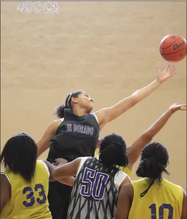  ?? News-Times/ Michael Orrell ?? Going after the ball: El Dorado's Mekaylan Hicks stretches out for a rebound against Junction City during the El Dorado Lady Wildcat Team Basketball Camp at Wildcat Arena Tuesday.