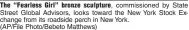  ?? (AP/File Photo/Bebeto Matthews) ?? The “Fearless Girl” bronze sculpture, commission­ed by State Street Global Advisors, looks toward the New York Stock Exchange from its roadside perch in New York.