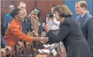  ?? J. SCOTT APPLEWHITE THE ASSOCIATED PRESS ?? Kimberly Bose, of Alexandria, Va., left, whose son Joseph Bose was killed by gun violence in 2015, is greeted by Sen. Dianne Feinstein, D-Calif., Wednesday in Washington at an event sponsored by Senate Democrats on protecting children from gun violence.