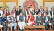  ?? PTI FILE ?? PM Narendra Modi, Union minister Rajnath Singh (third from left) and NSA Ajit Doval (extreme right) with members of NSCN (IM) as Centre and NSCN ink peace accord in 2015.