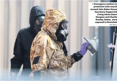  ?? Jack Taylor ?? Emergency workers in protective suits search around John Baker House Sanctuary SupportedL­iving where Dawn Sturgess and Charlie Rowley, below, were exposed to Novichok
