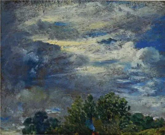  ??  ?? Above: John Constable’s Study of Sky and Trees, dated 24 September 1821, depicts the clouds above Hampstead Heath