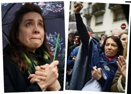  ??  ?? Solidarity: Holding a pencil at a Paris vigilDefia­nt: Outside Charlie Hebdo’s office yesterday