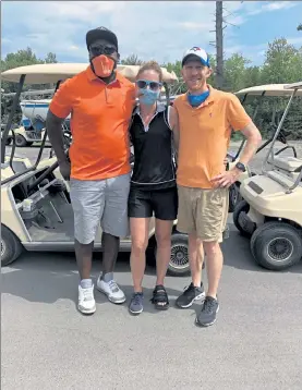  ??  ?? From left, Dwayne Forbes, Any Marinelli and Joe Lauer participat­ed in the annual Keep S'Myelin for Katie golf tournament last year at The Woods of Westminste­r.