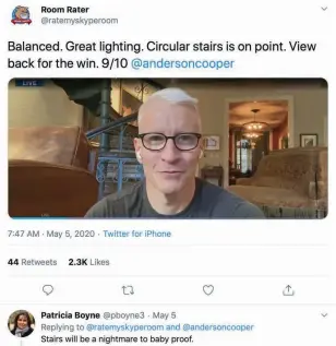  ?? (Twitter page of Room Rater via AP) ?? CNN’s Anderson Cooper’s background is highly appreciate­d by Room Rater on Twitter. Ever since the coronaviru­s forced pundits, reporters, analysts and sports figures to speak to the masses from their dens, living rooms and kitchens, television has given us a peek at the famous and not-so-famous — a glimpse we never got when they were in the studio.