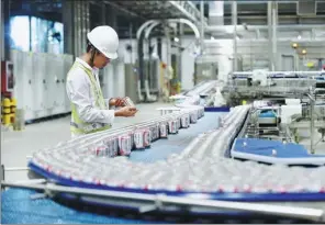  ?? PROVIDED TO CHINA DAILY ?? An employee inspects beer cans just before they are dispatched from AB InBev’s Putian plant in Fujian province last year.