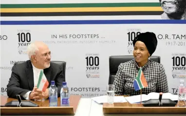  ?? PICTURE: YANDISA MONAKALI ?? Internatio­nal Relations and Co-operation Minister Maite Nkoana-Mashabane with Minister of Foreign Affairs of the Islamic Republic of Iran Javad Zarif at the 13th Joint Commission between South Africa and Iran in Pretoria yesterday.