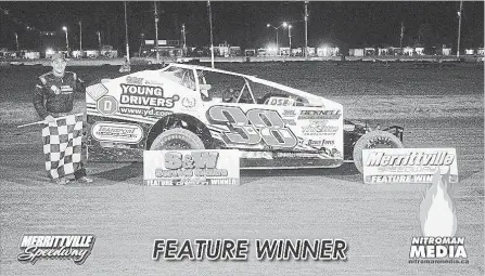  ?? COURTESY OF NITROMAN MEDIA SPECIAL TO TORSTAR ?? Ryan Susice won the S&W Service Centre 358 Modified feature Saturday night at Merrittvil­le.