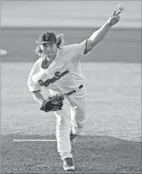  ?? KELLY O’CONNOR SPECIAL TO ENTERPRISE-LEADER ?? Jalen Beeks, shown pitching in a June 9 game for the Pawtucket, R.I., Red Sox, is a Prairie Grove native. He played baseball for Crowder College, of Neosho, Mo. and the University of Arkansas before being drafted in the 12th round by the Boston Red Sox...