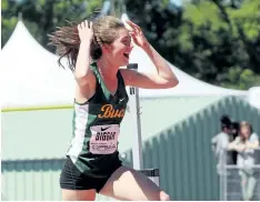  ?? JEFF GARD/POSTMEDIA NEWS ?? Beamville's Autumn Biggar celebrates breaking the OFSAA record in junior girls high jump Saturday at the provincial high school track and field championsh­ips in Belleville.