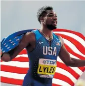  ?? Picture: MICHAEL STEELE/GETTY IMAGES ?? The US's Noah Lyles celebrates winning the men’s 200m final at the IAAF World Athletics Championsh­ips in Doha, Qatar, in 2019. Lyles will be in action at the Diamond League which starts in Monaco on Friday.