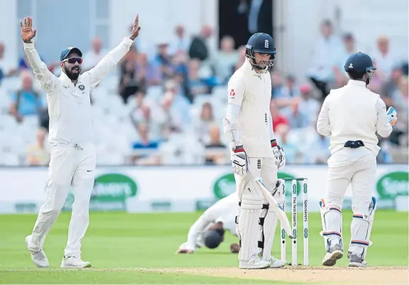  ?? Picture: Getty Images. ?? James Anderson of England reacts after being caught out by Ajinkya Rahane of India in Nottingham.