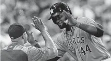  ??  ?? Astros DH Yordan Alvarez hit his 10th homer in the third inning to complete the spree.