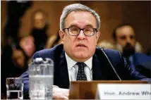  ?? CHIP SOMODEVILL­A / GETTY IMAGES ?? Andrew Wheeler answers questions Wednesday during his confirmati­on hearing to be the next administra­tor of the Environmen­tal Protection Agency.