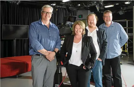  ?? Photo: Daniel Maddock / USQ Photograph­y ?? STOKED: USQ lecturers Leonie Jones (second from left) and Dr Daryl Sparkes (far right) with narrator William McInnes and special effects technician James Miller.