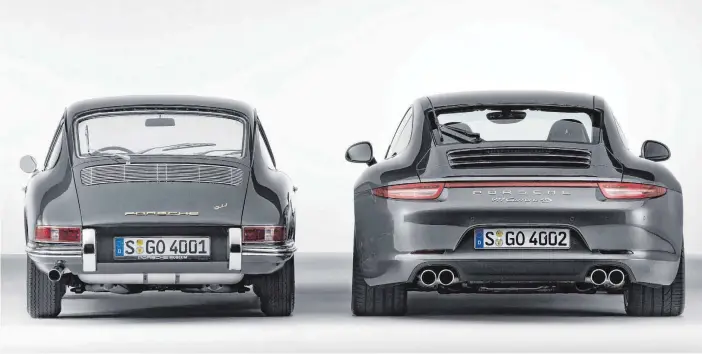  ?? FOTO: PORSCHE ?? Der Elfer ist erwachsen geworden: Mehr als 50 Jahre liegen zwischen dem Urtyp (links) und dem aktuellen Modell. Die Verwandtsc­haft ist aber nach wie vor unverkennb­ar.