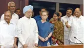  ?? — PTI ?? Congress president Sonia Gandhi with former PM Manmohan Singh, Congress leader A.K. Antony, NCP’s Sharad Pawar, DMK’s Kanimozhi and CPI leader D. Raja in New Delhi on Thursday.