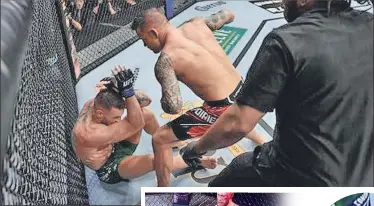  ??  ?? Conor McGregor (i) se defiende tras sufrir la rotura de su tibia izquierda.