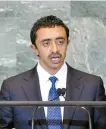  ??  ?? UAE Minister of Foreign Affairs & Internatio­nal Cooperatio­n Sheikh Abdullah Bin Zayed Al Nahyan