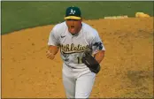  ?? JOSE CARLOS FAJARDO — BAY AREA NEWS GROUP ?? A’s closer Liam Hendriks celebrates after striking out Chicago White Sox’s Nomar Mazara for the final out in the ninth inning of Game 3 of the American League Wild Card Round at the Coliseum in Oakland on Oct. 1.