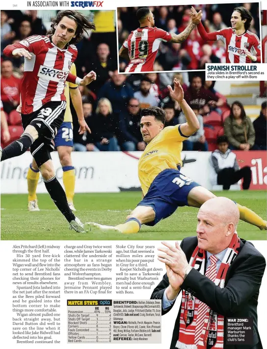  ??  ?? SPANISH STROLLER Jota slides in Brentford’s second as they clinch a play-off with Boro WAR ZONE: Brentford manager Mark Warburton thanks the club’s fans